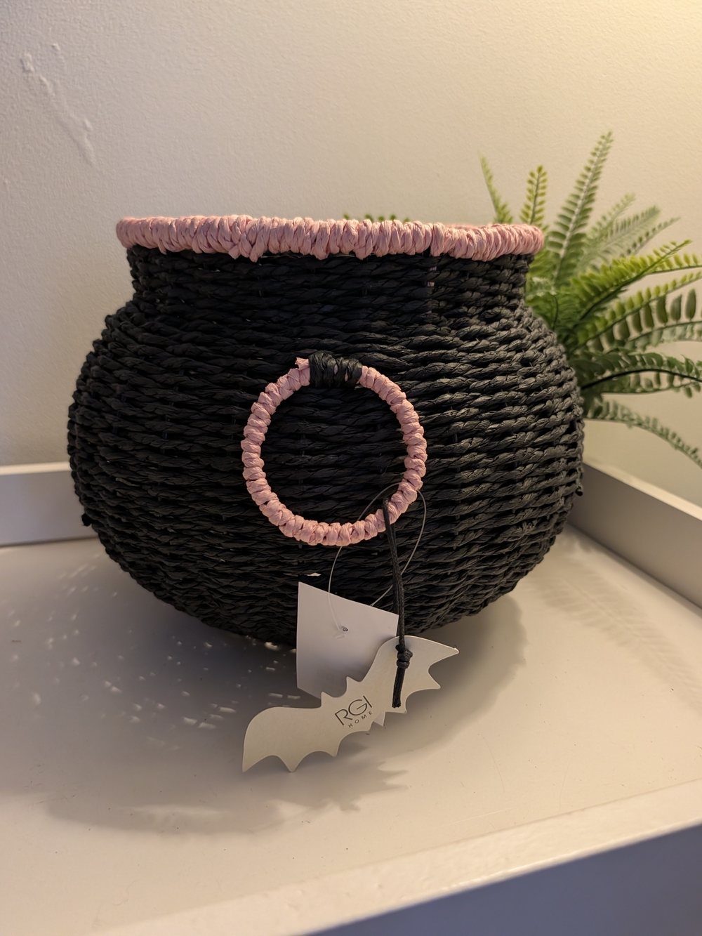 Black and Pink Cauldron Accent Woven Storage Basket with Ring Detail